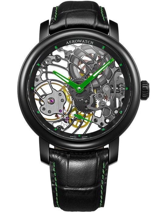 Aerowatch Aerowatch 50931 NO10  50931 NO10 механические мужские часы черный циферблат, браслет кожаный — вид спереди